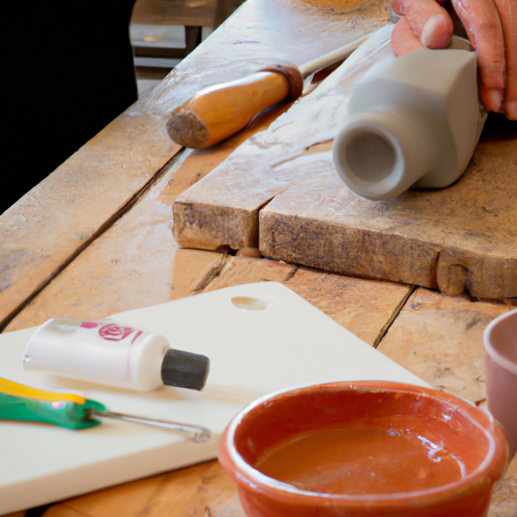 Atelier de céramique lumineux avec outils et argile autodurcissante sur un banc de travail en bois
